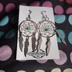 Silver Dreamcatcher Earrings with Turquoise Bead